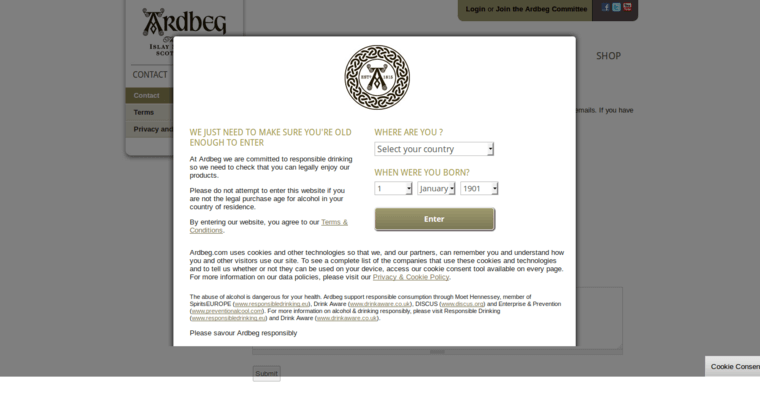 Contact page of #2 Best Single Malt Scotch Brand: Ardbeg Corryvreckan